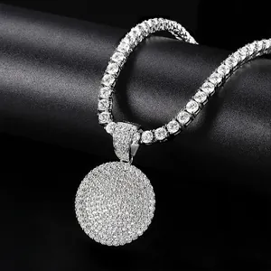 Collier Pendentif Rond Hip Hop Iced Out Laiton Zirconia Micro Pave Médaillon Cercle Bijoux Or Argent Hommes Femmes