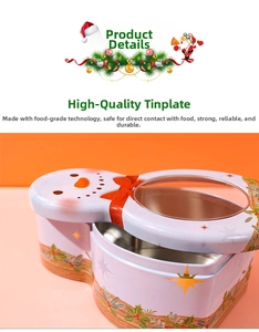 Detail of snowman tin box with clear window lid and festive Christmas patterns