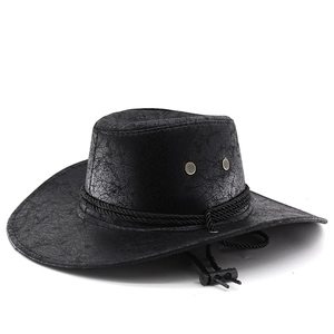 Detail of black cowboy hat with vintage leather texture, braided rope and chin strap