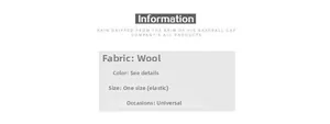 Detailed product specifications chart for warm knitted beanie showing fabric and size data