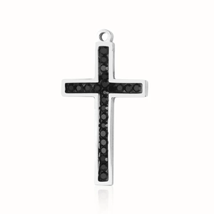 Detail of silver stainless steel cross pendant with black round gemstones and top ring