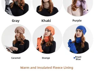 Close-up of knit winter set in six colors with fleece lining and touchscreen gloves