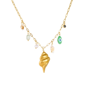 Detail of gold seashell pendant necklace with pearls, colorful gems and evil eye charm