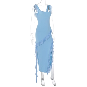 Detail of light blue bodycon dress featuring lettuce edge ruffles and side slit design