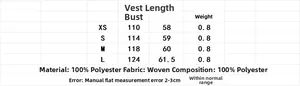 Size chart for vintage faux suede vest jacket with measurements and fabric details