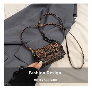 Detail shot of leopard print mini square bag with black chain and double buckle straps