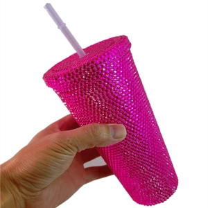 Handheld rose red studded tumbler with straw and double-wall plastic design