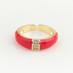 Detail of red enamel gold ring with double-row zircon inlay and adjustable band