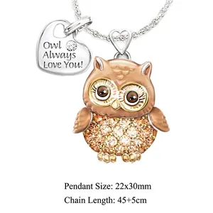 Rose gold owl pendant necklace with rhinestones and heart tag engraved Owl Always Love You