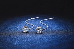Detail of s925 silver threader earrings with 1ct moissanite in classic six-prong setting