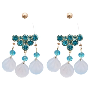 Silver needle tassel earrings with sea blue crystals and frosted shell-like leaf drops