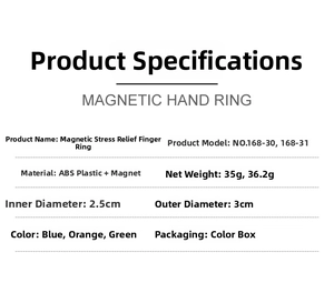 Detailed specifications table for magnetic fidget spinner rings showing dimensions and ABS material