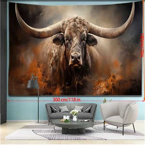 Detailed view of extra large 300x180cm highland bull tapestry hanging in a modern living room