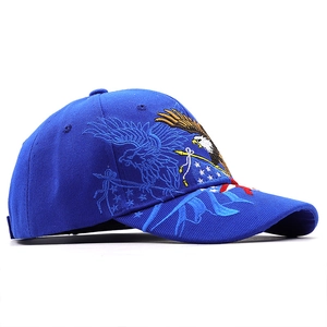 Detailed embroidery of American flag and eagle on royal blue cotton flat brim hat