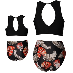 Two-piece parent-child bikini set featuring black halter top and tropical print high waist bottoms