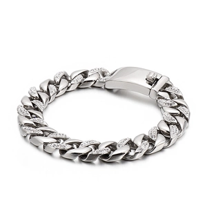 Hip hop style silver stainless steel Cuban link bracelet with sparkling cubic zirconia