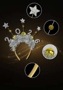 Detail shots of 2026 New Year headband featuring silver tinsel, disco balls and stars