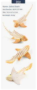 Detailed views of realistic zebra shark toy model with dimensions 12.5x6.7x3cm