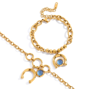 18K gold stainless steel jewelry set with horseshoe charms and blue resin pendants