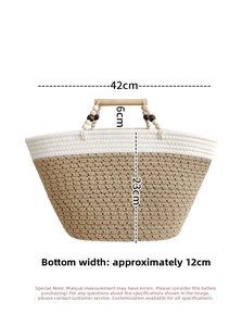 Detailed size chart of two-tone woven tote bag featuring 42cm width and wood handles