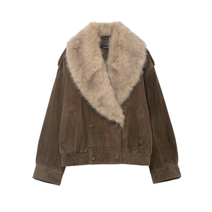 Veste En Suédine Pour Femmes Avec Col En Fausse Fourrure Double Boutonnage Manteau Streetwear Rétro Marron Foncé