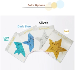 Detail of glitter hollow star decorations in light blue, dark blue, silver, and gold