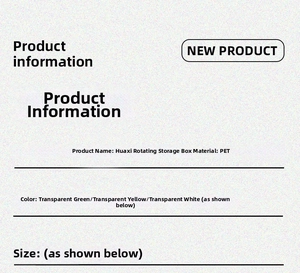 Detailed specification sheet for the rotating PET storage box in transparent colors