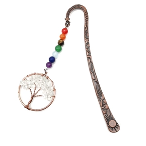 Detail of vintage copper bookmark featuring colorful chakra beads and crystal tree of life