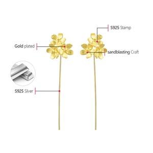 Detailed view of S925 silver gold-plated long earrings with sandblasting craft and stamp