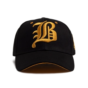 Unisex black cotton baseball cap featuring 3D gold gothic letter B embroidery and curved brim