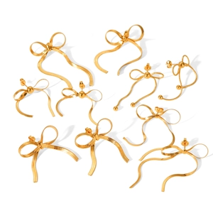 18K gold plated stainless steel bow earrings with flat snake chain texture in gold color