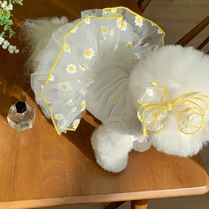 Detail eines Hunde-Sommerkleides mit Gänseblümchen-Stickerei und Lagenrock aus Netzstoff