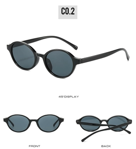 Three-angle view showing front, back, and side of oval retro black sunglasses