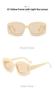 Detailed front and side views of C5 beige square sunglasses with light tea lenses