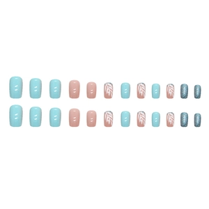 24pcs square press-on nails with light blue, leaf patterns and dark blue glitter finishes