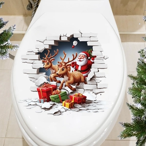 Detail of 3D Santa Claus and reindeer toilet lid decal with festive holiday decorations