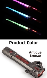 Detail of bronze toy lightsaber handle with power switch and RGB glowing color modes