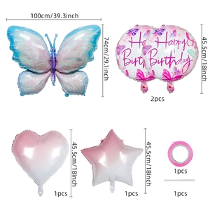 Detailed size specifications for colorful butterfly balloon set with dimensions and accessories