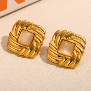 Square Stud Earrings 18K Gold Plated Stainless Steel With Cat Eye Stone Geometric Retro Twist Jewelry For Women