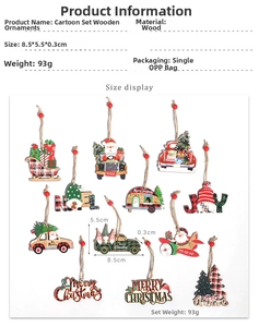 Set of 12 festive wooden Christmas ornaments featuring Santa, snowman and red truck