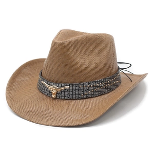 Western Cowboy Hat Paper Straw Braided Wide Brim Bull Head Metal Decor Sun Protection Breathable Beach Vacation Men Women