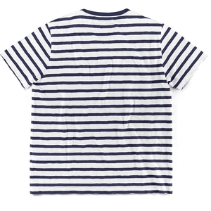 Detail view of the back of a men's navy and white striped cotton knit T-shirt