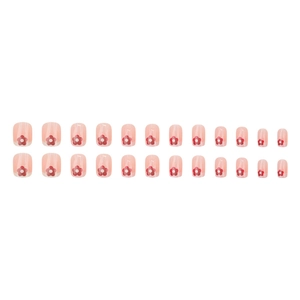 Pink gradient press-on nails set with red floral patterns in short square shape