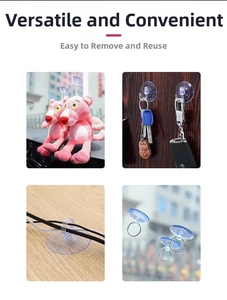 Strong transparent suction cup hooks for glass surfaces with metal ring for cable management