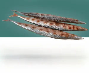 Detailed view of three realistic artificial grilled saury fish models for display