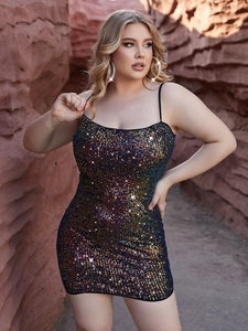 Sexy multi-color sequin bodycon mini dress for women in a red rock canyon setting
