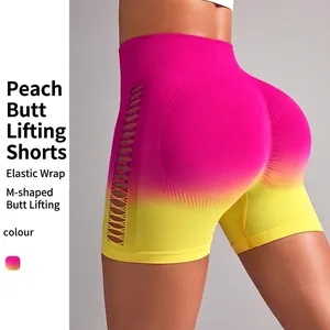 Short de Yoga Taille Haute Dégradé pour Femmes Sans Couture Ajouré Sports Fitness Remonte-fesses Entraînement