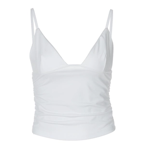 Detailed view of white V-neck camisole featuring elastic pleated fabric and thin straps