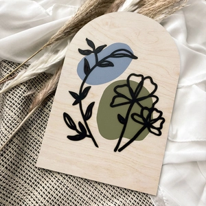 Bohemian arched wooden wall sign with minimalist floral plant design and colorful accents