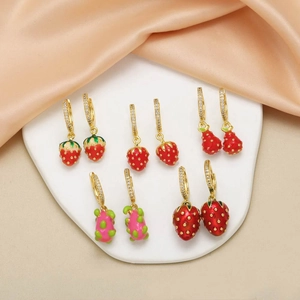 5-pair set of gold-plated fruit drop earrings with colorful enamel and zircon crystals